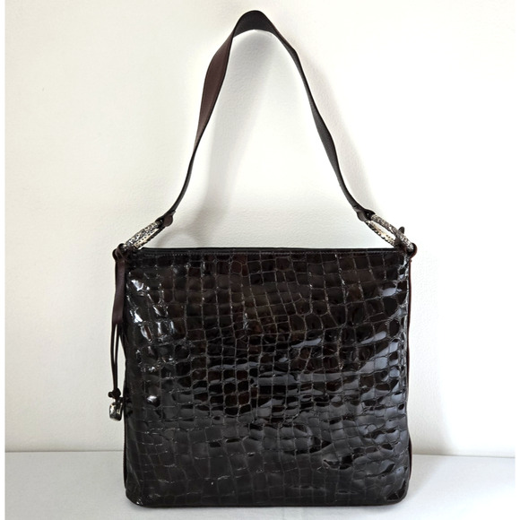 Brighton Shoulder Bag Dark Brown Patent Leather Croc Embossed Classic Purse 12" - Picture 6 of 16